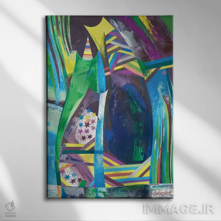 تابلو انتزاعی سه نفر در آتش بازی کریسمس اثر نلی لوکاشیک - نمای روبهرو روی دیوار