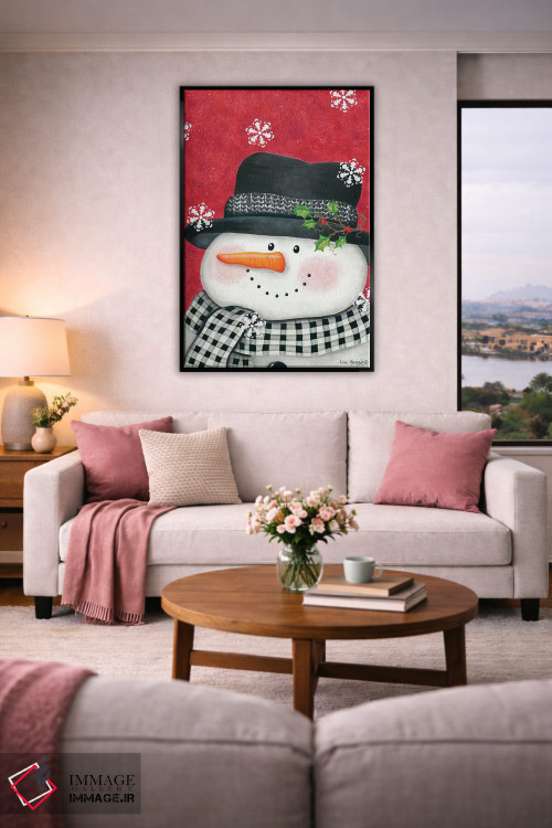 تابلو دکوراتیو آدم برفی با برگ خاس و شطرنجی مشکی اثر لیزا کندی - D5B