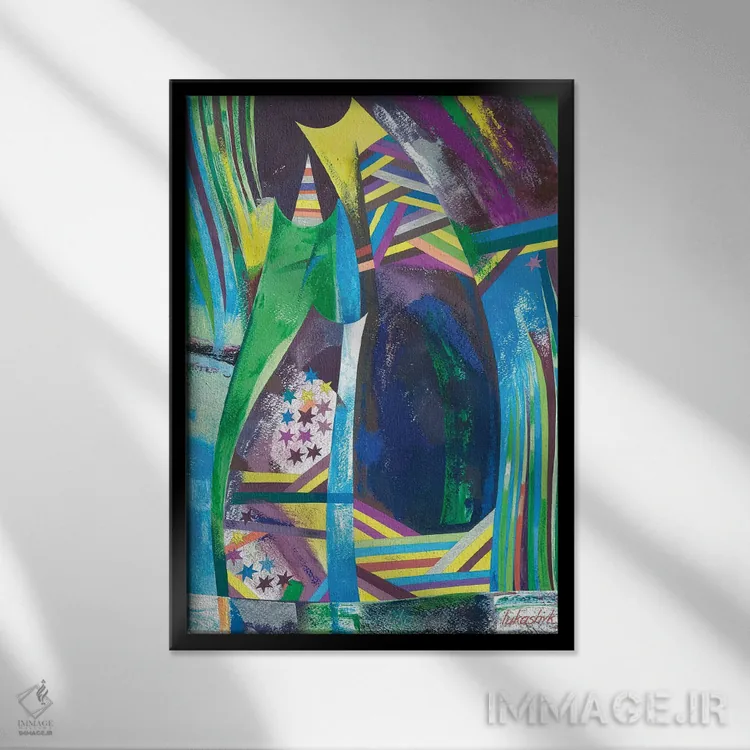 تابلو انتزاعی سه نفر در آتش بازی کریسمس اثر نلی لوکاشیک - نمای قابدار مشکی