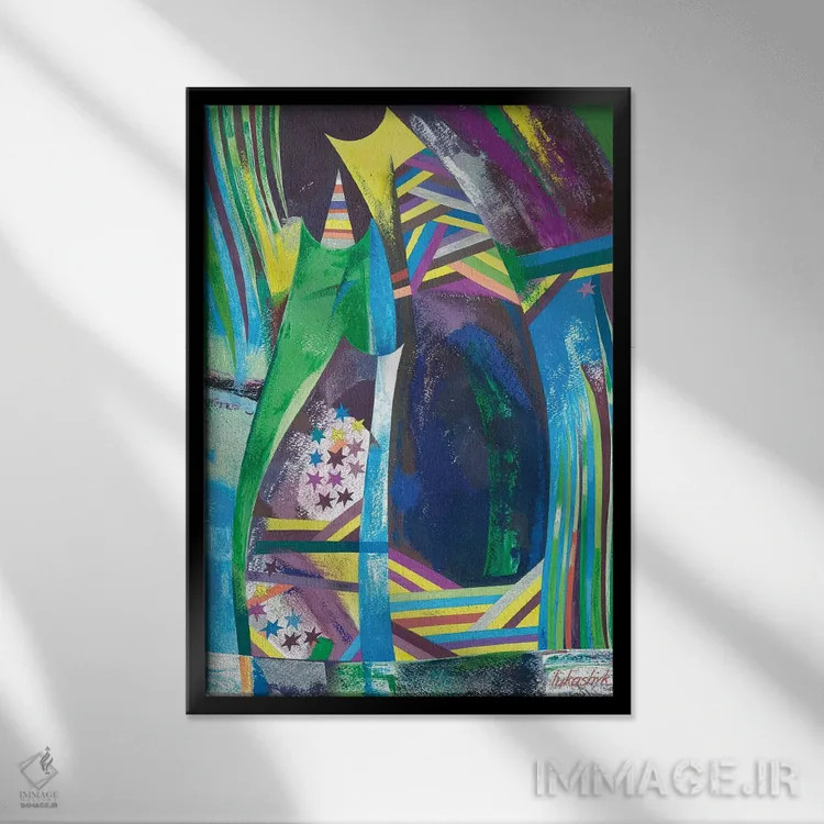 تابلو انتزاعی سه نفر در آتش بازی کریسمس اثر نلی لوکاشیک - نمای قابدار مشکی