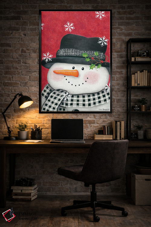 تابلو دکوراتیو آدم برفی با برگ خاس و شطرنجی مشکی اثر لیزا کندی - D6B