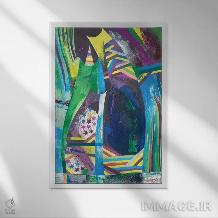 تابلو انتزاعی سه نفر در آتش بازی کریسمس اثر نلی لوکاشیک - نمای قابدار سفید