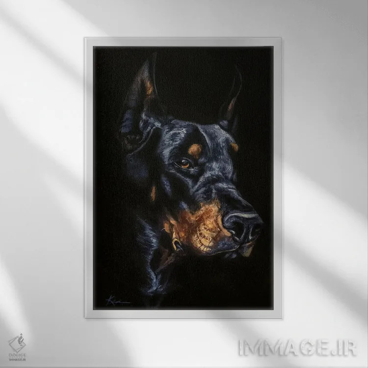 تابلو دکوراتیو دوبرمن اثر لینزی کیوی - نمای قابدار سفید