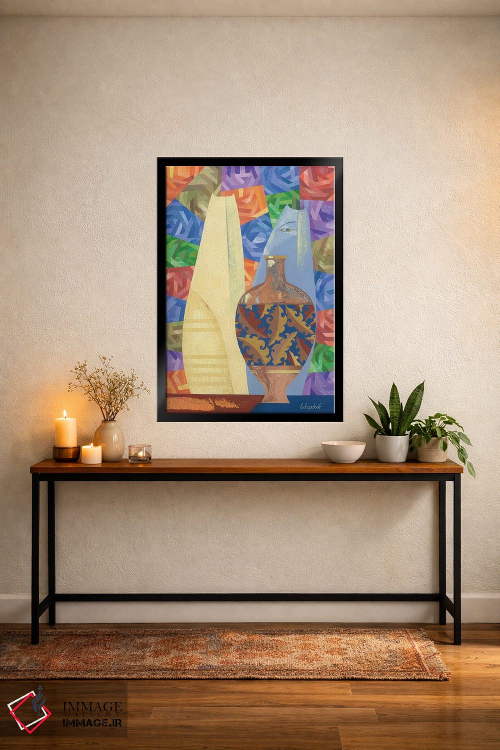 تابلو انتزاعی چینی و گربه های آبی اثر نلی لوکاشیک - D5B