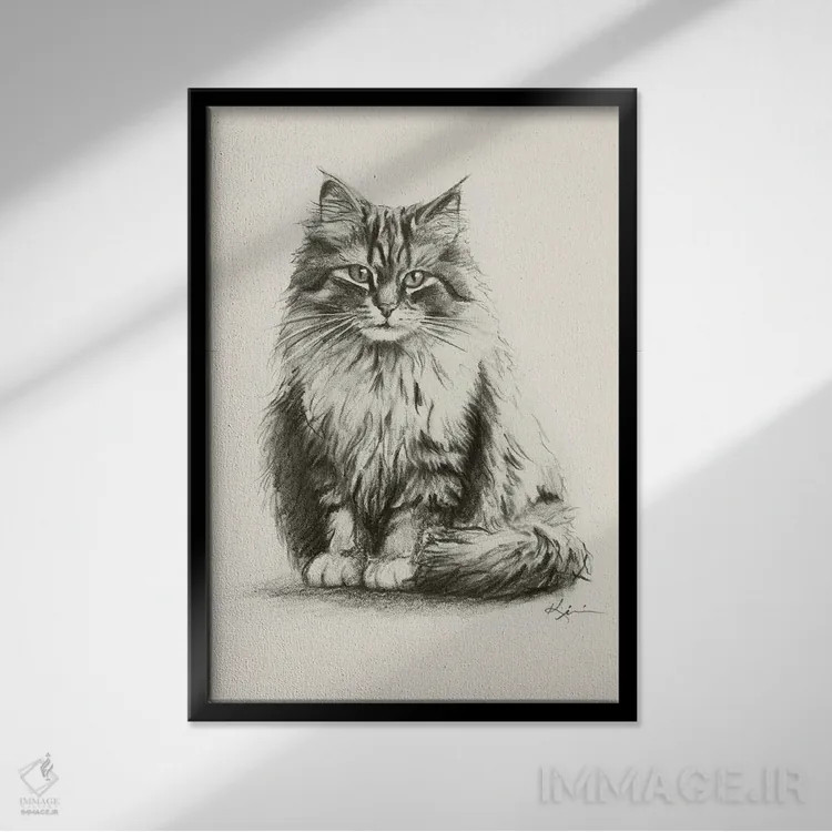 تابلو دکوراتیو طرح اسکچ گربه سیبری اثر لینزی کیوی - نمای قابدار مشکی