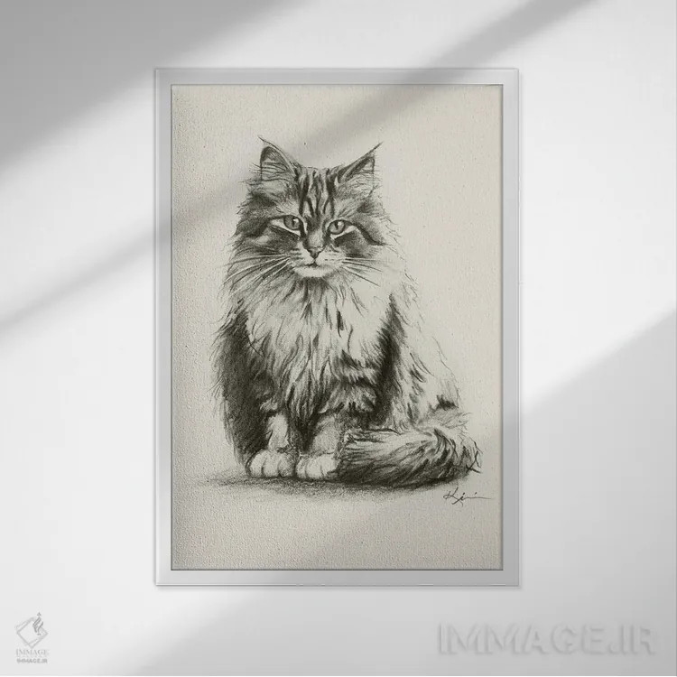 تابلو دکوراتیو طرح اسکچ گربه سیبری اثر لینزی کیوی - نمای قابدار سفید