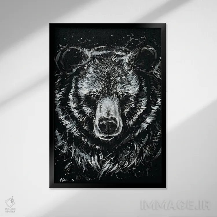 تابلو دکوراتیو خرس گریزلی اثر لینزی کیوی - نمای قابدار مشکی