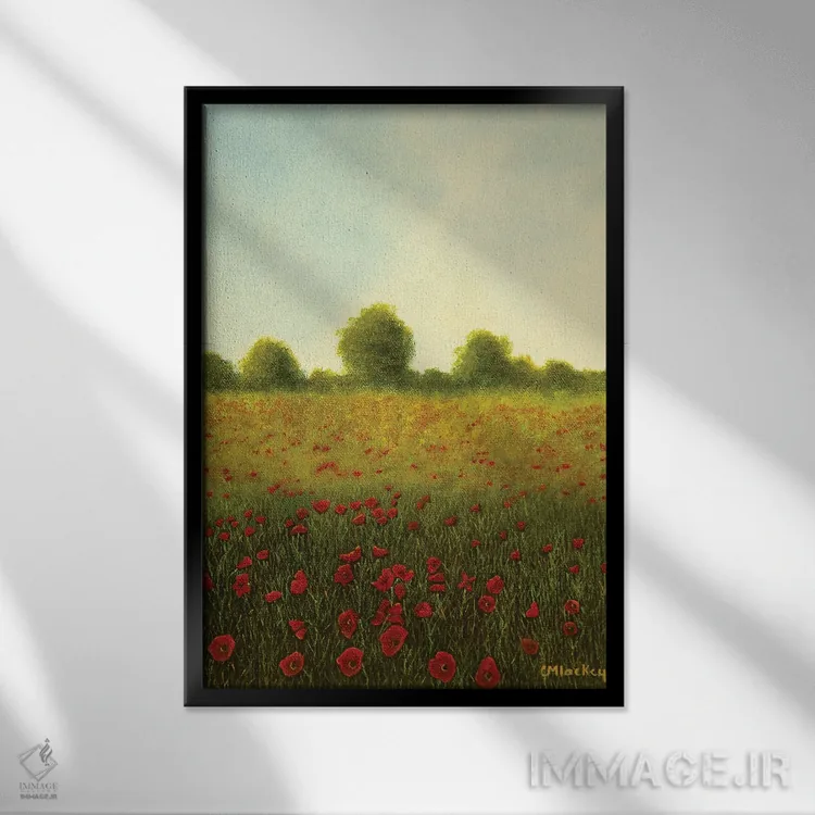 تابلو دکوراتیو مزرعه شقایق اثر شریل میلر لکی - نمای قابدار مشکی