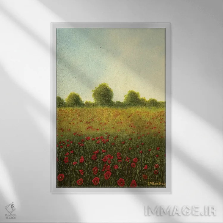 تابلو دکوراتیو مزرعه شقایق اثر شریل میلر لکی - نمای قابدار سفید