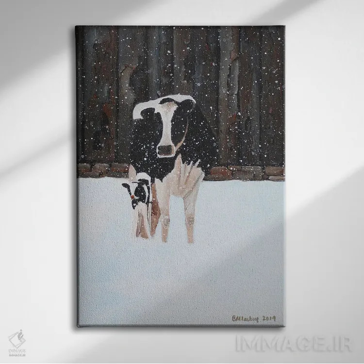 تابلو دکوراتیو گاو و گوساله در برف اثر شریل میلر لکی - نمای روبهرو روی دیوار