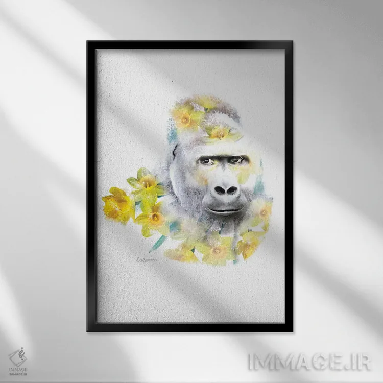 تابلو دکوراتیو گوریل گیاهی حیات وحش اثر لولا دیزاین - نمای قابدار مشکی