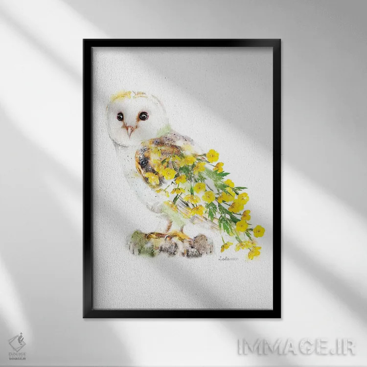 تابلو دکوراتیو جغد طویله گیاهی حیات وحش اثر لولا دیزاین - نمای قابدار مشکی