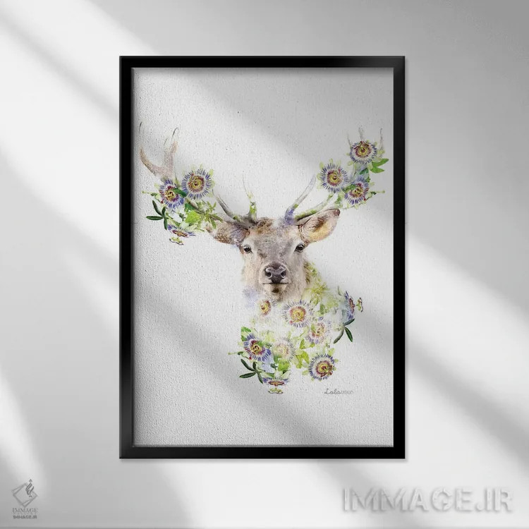 تابلو دکوراتیو گوزن نر گیاهی حیات وحش اثر لولا دیزاین - نمای قابدار مشکی