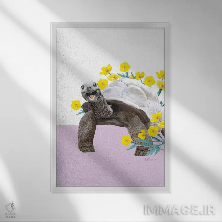 تابلو دکوراتیو لاک پشت خشکی سافاری اثر لولا دیزاین - نمای قابدار سفید