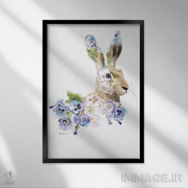 تابلو دکوراتیو خرگوش گیاهی حیات وحش اثر لولا دیزاین - نمای قابدار مشکی