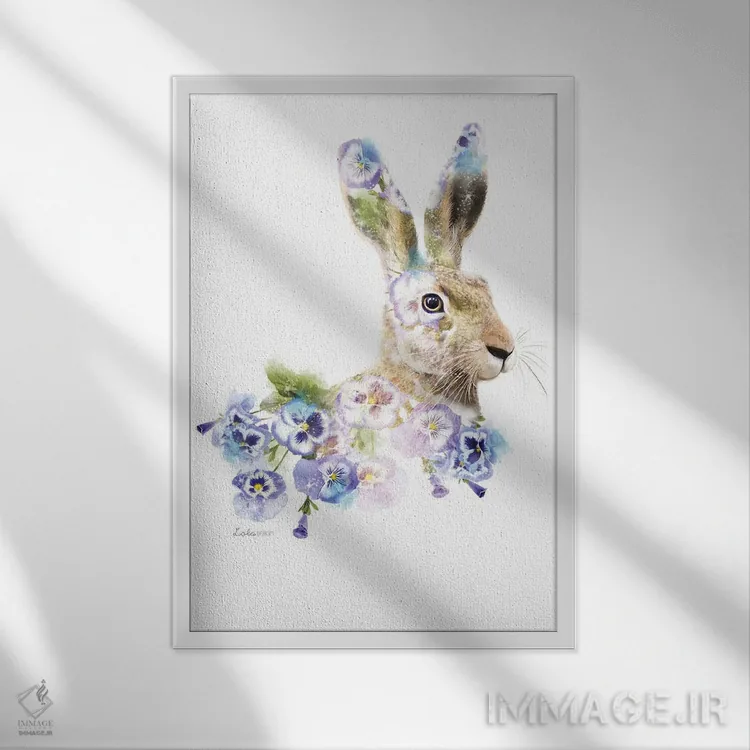 تابلو دکوراتیو خرگوش گیاهی حیات وحش اثر لولا دیزاین - نمای قابدار سفید