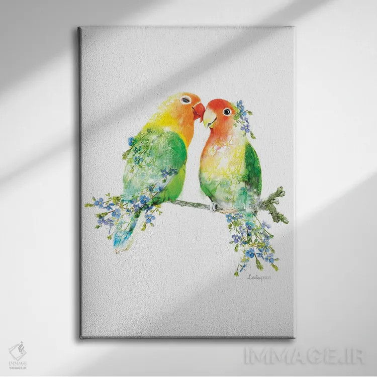 تابلو دکوراتیو مرغ عشق گیاهی حیات وحش اثر لولا دیزاین - نمای روبهرو روی دیوار