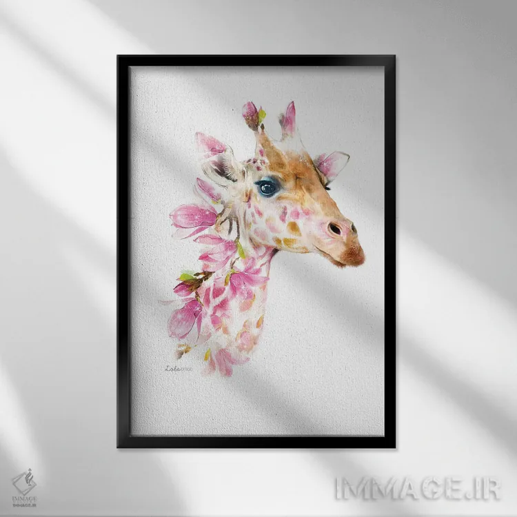 تابلو دکوراتیو زرافه گیاهی حیات وحش اثر لولا دیزاین - نمای قابدار مشکی