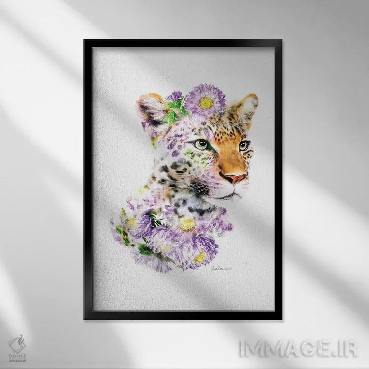 تابلو دکوراتیو پلنگ گیاهی حیات وحش اثر لولا دیزاین - نمای قابدار مشکی