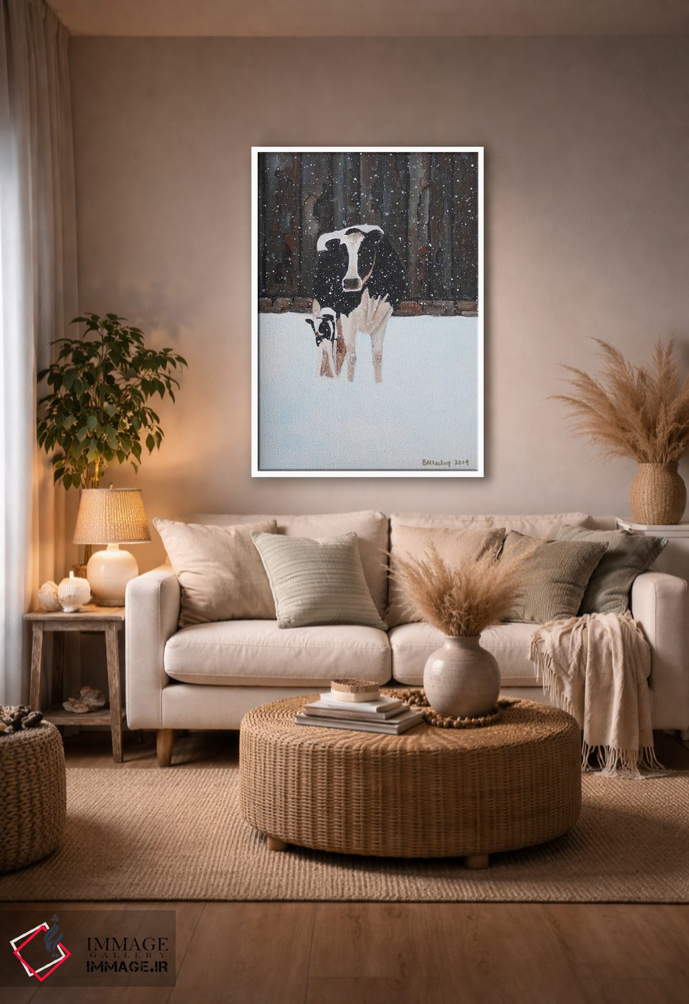 تابلو دکوراتیو گاو و گوساله در برف اثر شریل میلر لکی - D3W