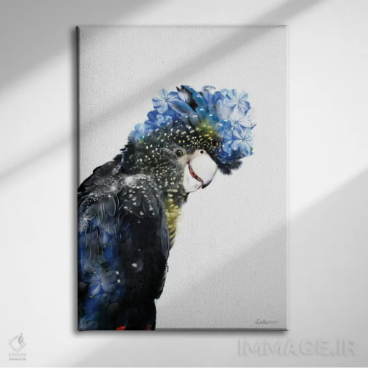 تابلو دکوراتیو کاکاتوو دم قرمز گیاهی حیات وحش اثر لولا دیزاین - نمای روبهرو روی دیوار