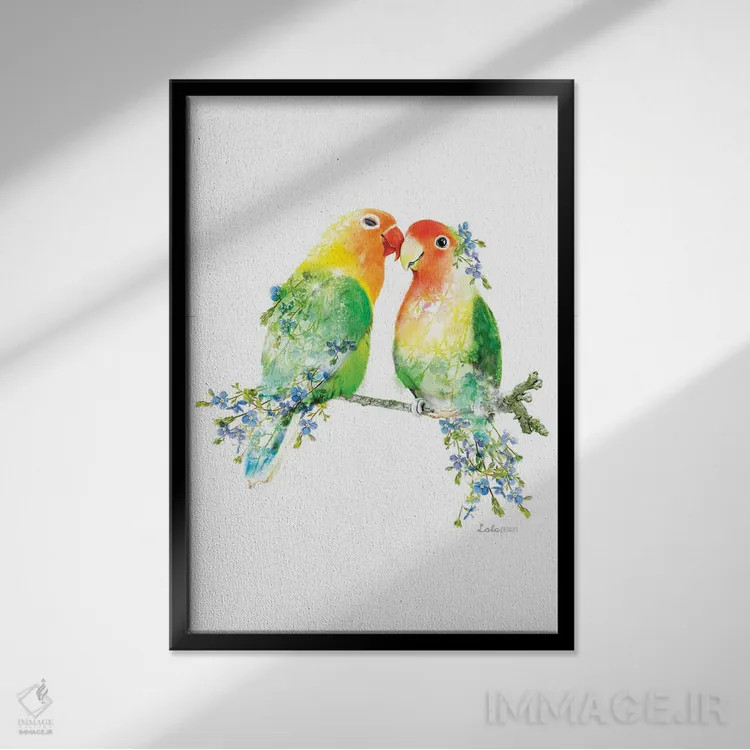 تابلو دکوراتیو مرغ عشق گیاهی حیات وحش اثر لولا دیزاین - نمای قابدار مشکی