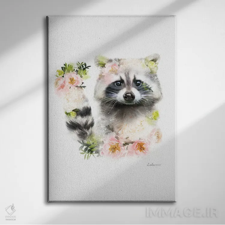 تابلو دکوراتیو راکون گیاهی حیات وحش اثر لولا دیزاین - نمای روبهرو روی دیوار