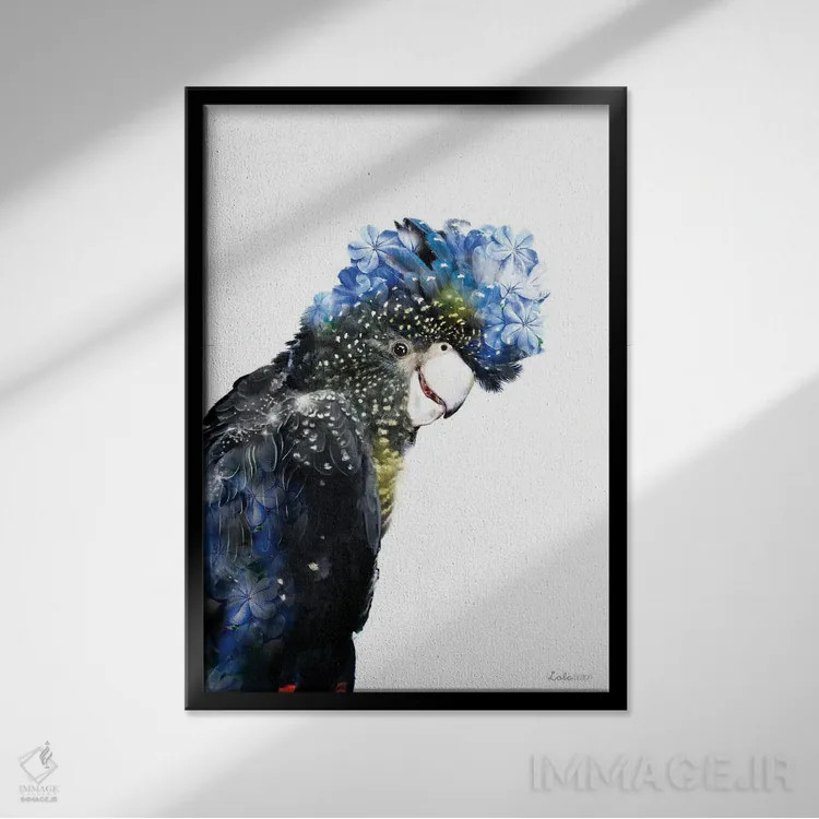 تابلو دکوراتیو کاکاتوو دم قرمز گیاهی حیات وحش اثر لولا دیزاین - نمای قابدار مشکی