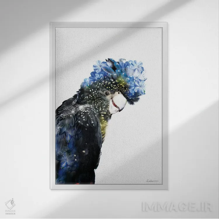 تابلو دکوراتیو کاکاتوو دم قرمز گیاهی حیات وحش اثر لولا دیزاین - نمای قابدار سفید