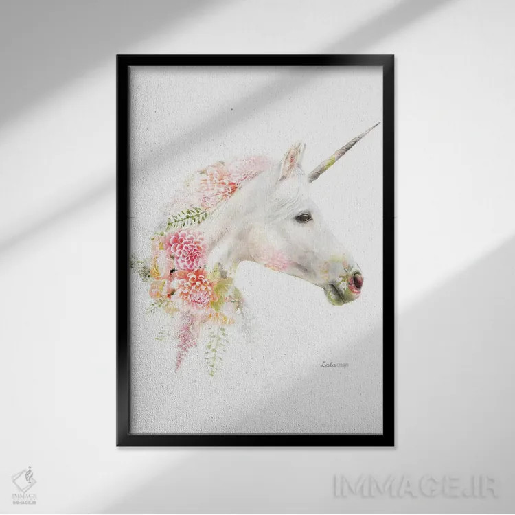 تابلو دکوراتیو اسب شاخدار گیاهی حیات وحش اثر لولا دیزاین - نمای قابدار مشکی