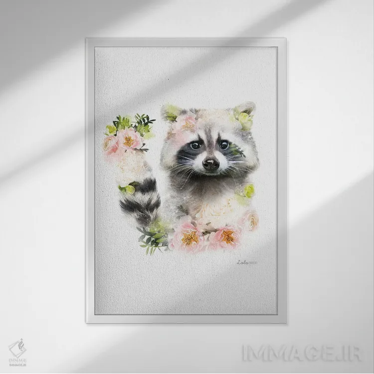 تابلو دکوراتیو راکون گیاهی حیات وحش اثر لولا دیزاین - نمای قابدار سفید