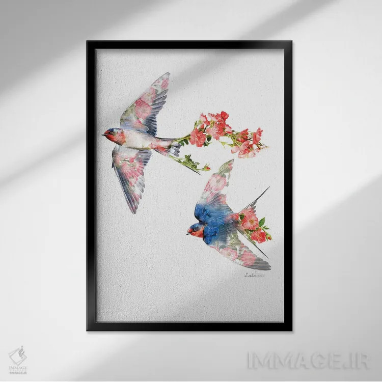 تابلو دکوراتیو پرستوهای گیاهی حیات وحش اثر لولا دیزاین - نمای قابدار مشکی