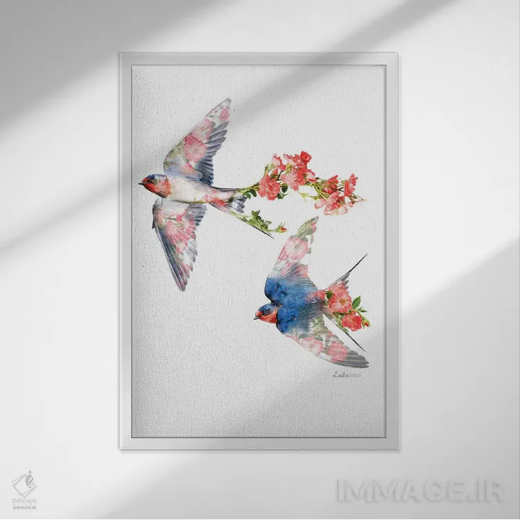 تابلو دکوراتیو پرستوهای گیاهی حیات وحش اثر لولا دیزاین - نمای قابدار سفید