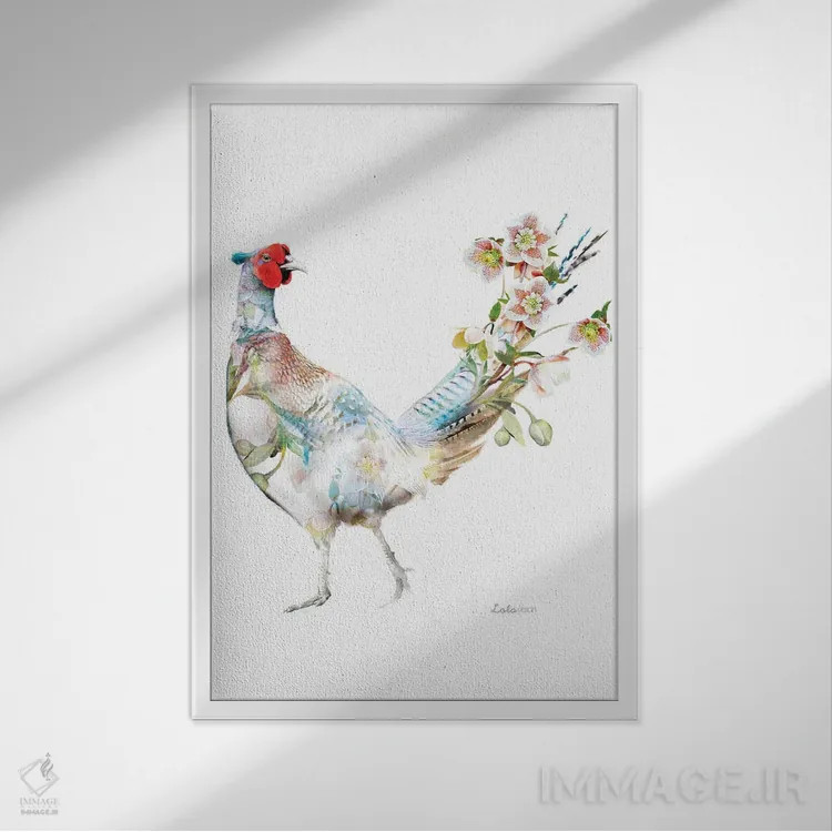 تابلو دکوراتیو قرقاول گل خربق گیاهی حیات وحش اثر لولا دیزاین - نمای قابدار سفید