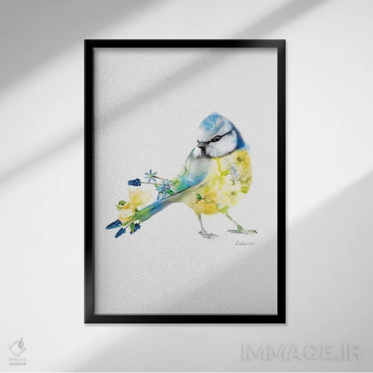 تابلو دکوراتیو کمرسیاه آبی گیاهی حیات وحش اثر لولا دیزاین - نمای قابدار مشکی