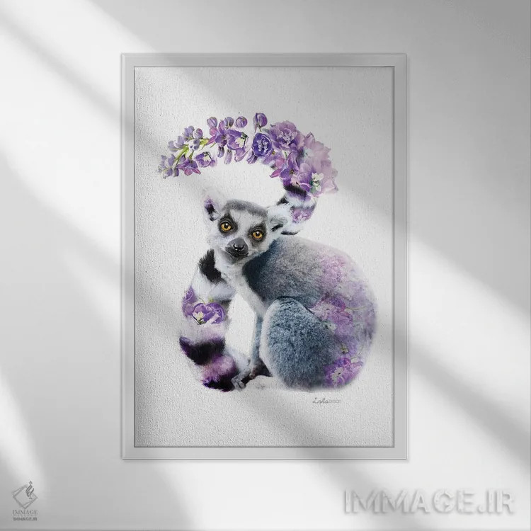 تابلو دکوراتیو لمور گیاهی حیات وحش اثر لولا دیزاین - نمای قابدار سفید