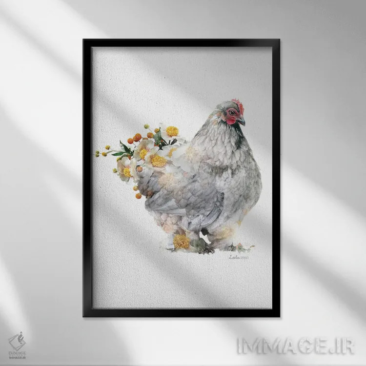 تابلو دکوراتیو مرغ براهمای گیاهی حیات وحش اثر لولا دیزاین - نمای قابدار مشکی