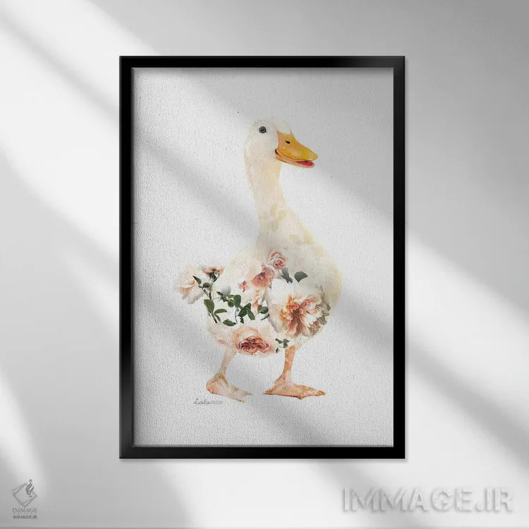 تابلو دکوراتیو اردک سفید گیاهی حیات وحش اثر لولا دیزاین - نمای قابدار مشکی