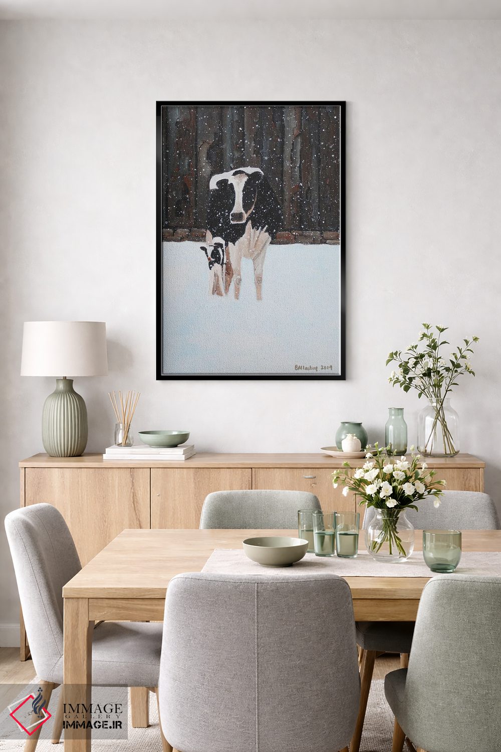 تابلو دکوراتیو گاو و گوساله در برف اثر شریل میلر لکی - D6B