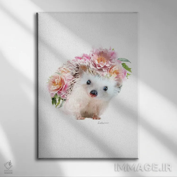 تابلو دکوراتیو جوجه تیغی صورتی گیاهی حیات وحش اثر لولا دیزاین - نمای روبهرو روی دیوار