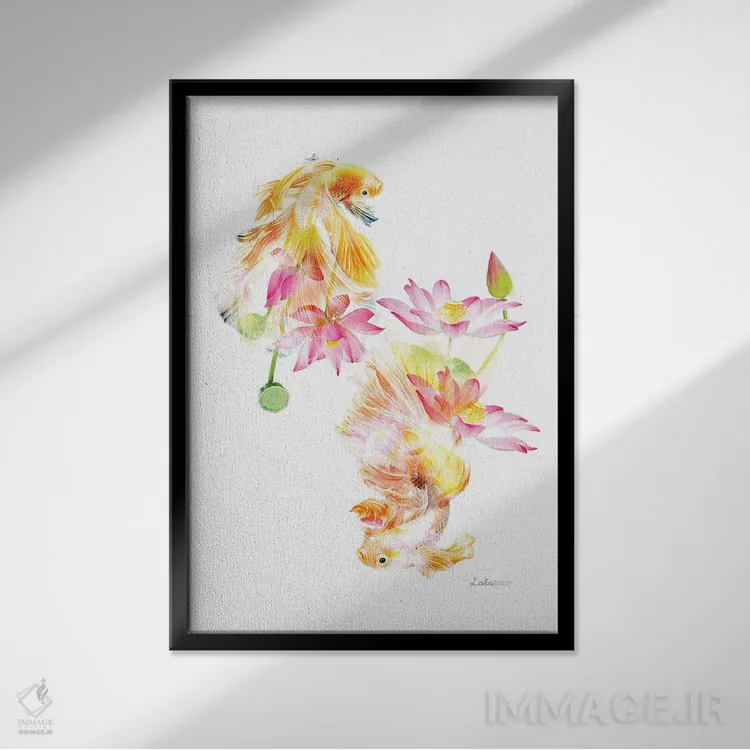 تابلو دکوراتیو ماهی فایتر ژاپنی گیاهی حیات وحش اثر لولا دیزاین - نمای قابدار مشکی