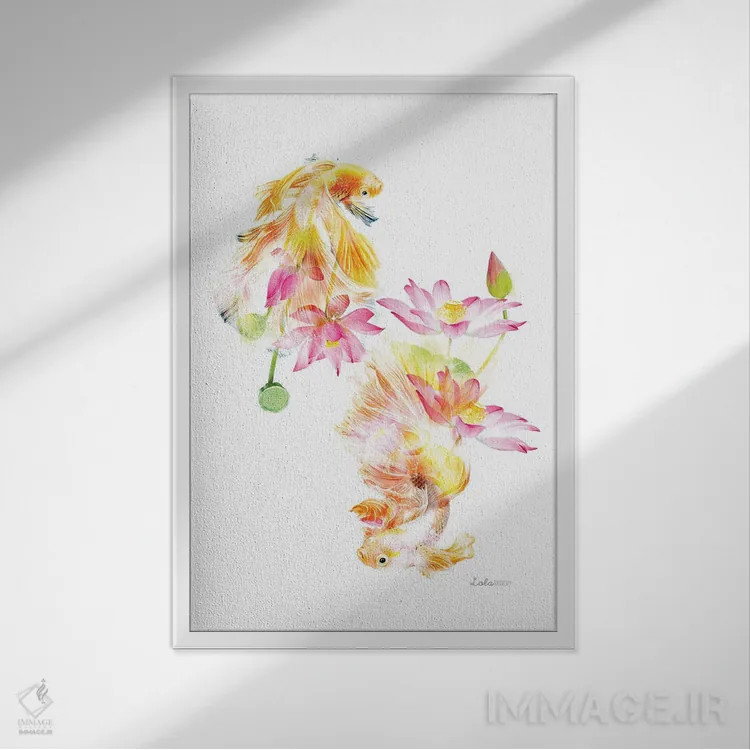 تابلو دکوراتیو ماهی فایتر ژاپنی گیاهی حیات وحش اثر لولا دیزاین - نمای قابدار سفید