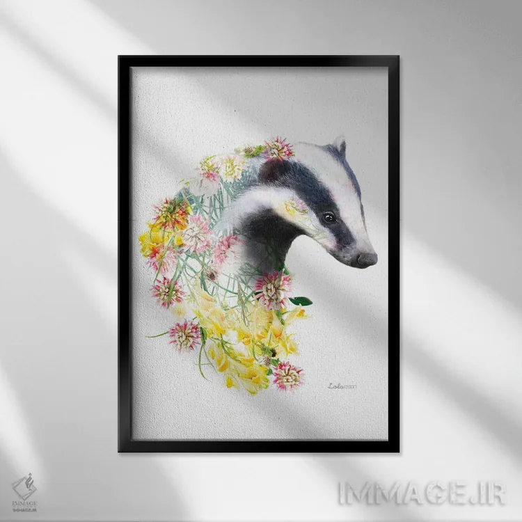 تابلو دکوراتیو گورکن گیاهی حیات وحش اثر لولا دیزاین - نمای قابدار مشکی