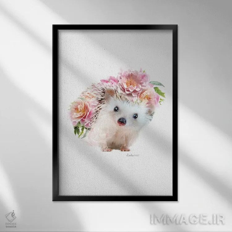 تابلو دکوراتیو جوجه تیغی صورتی گیاهی حیات وحش اثر لولا دیزاین - نمای قابدار مشکی