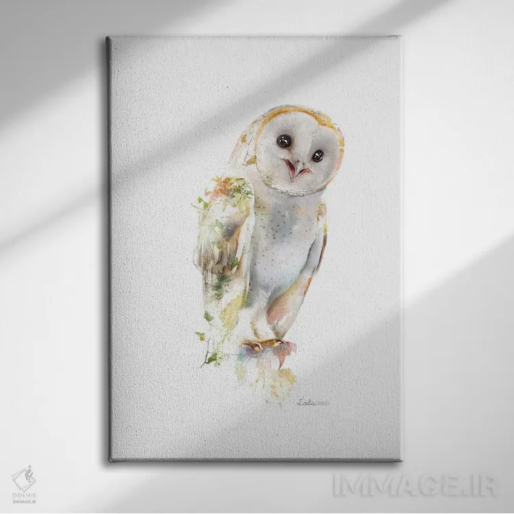 تابلو دکوراتیو جغد انباری میان پیچک با تم گیاهی و حیات وحش اثر لولا دیزاین - نمای روبهرو روی دیوار