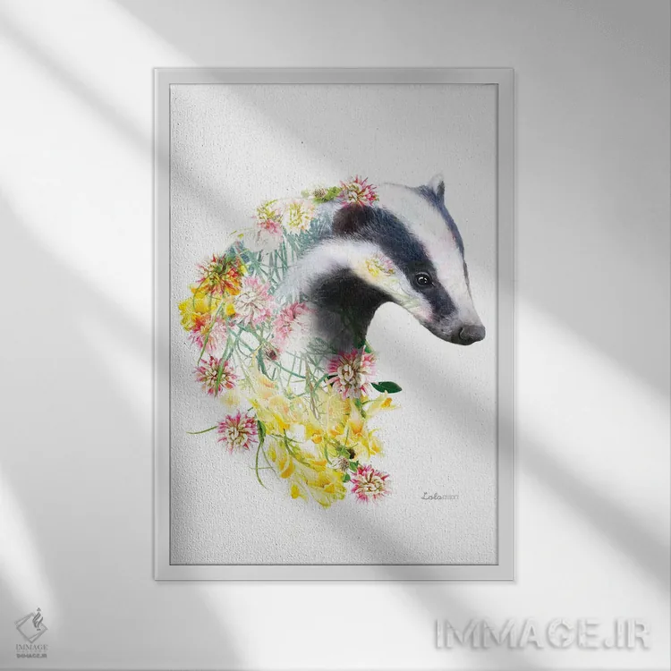 تابلو دکوراتیو گورکن گیاهی حیات وحش اثر لولا دیزاین - نمای قابدار سفید