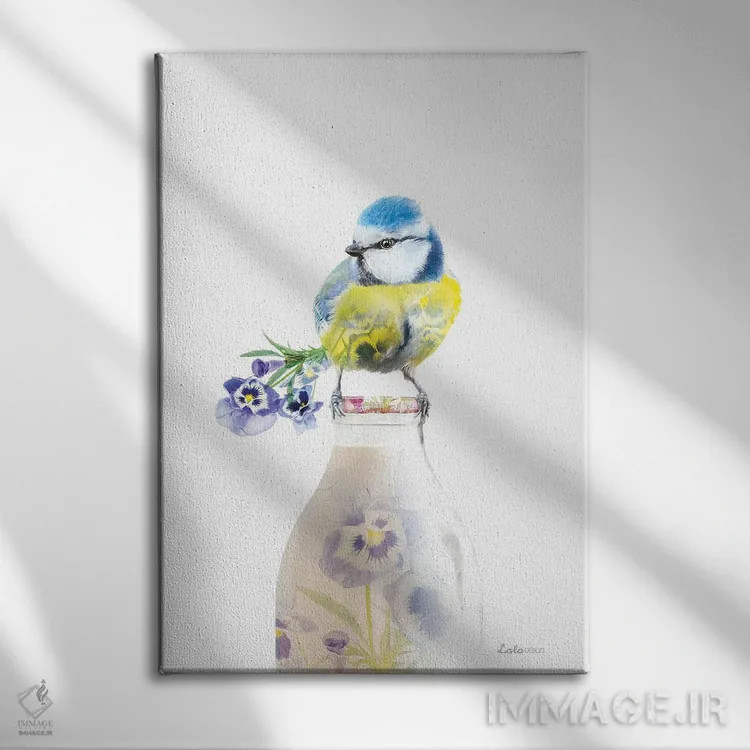 تابلو دکوراتیو پروانه بلو تیت بر بطری شیر با تم گیاهی و حیات وحش اثر لولا دیزاین - نمای روبهرو روی دیوار