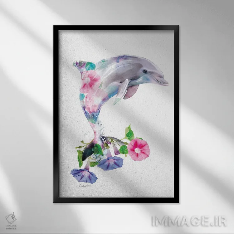 تابلو دکوراتیو دلفین گیاهی حیات وحش اثر لولا دیزاین - نمای قابدار مشکی