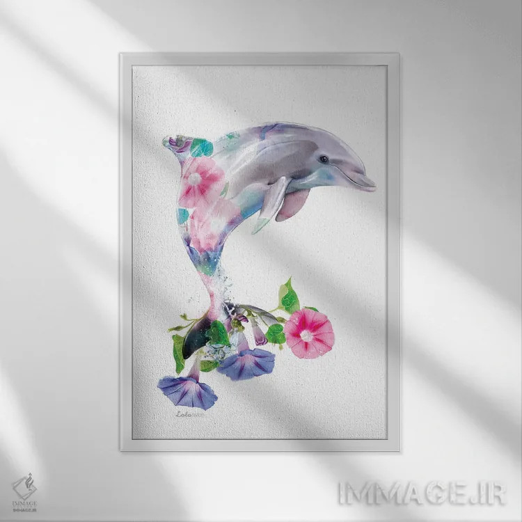 تابلو دکوراتیو دلفین گیاهی حیات وحش اثر لولا دیزاین - نمای قابدار سفید