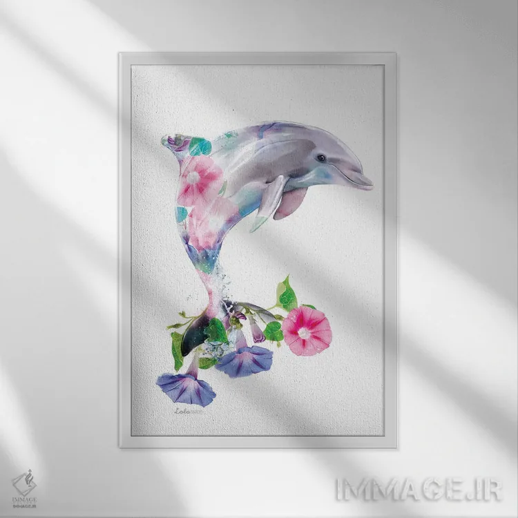 تابلو دکوراتیو دلفین گیاهی حیات وحش اثر لولا دیزاین - نمای قابدار سفید
